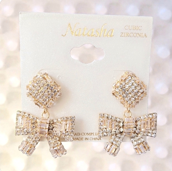 Natasha Couture Gold Coquette Bow Diamond Rhinestone Earrings - Picture 2 of 2